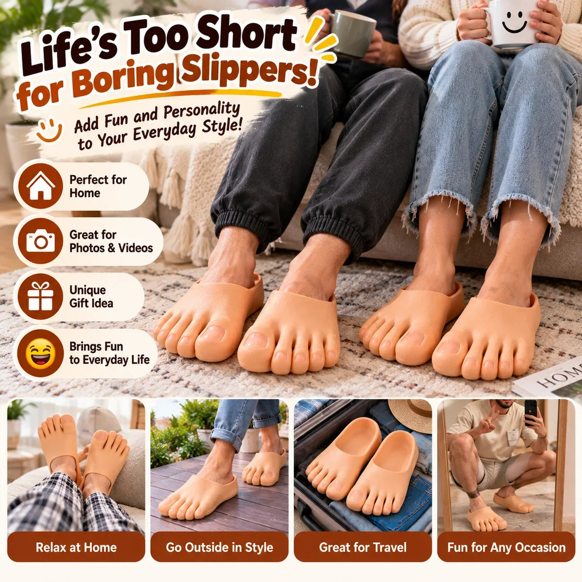🔥 50% OFF-😂 Realistic Barefoot Slippers – Funny Giant Toe Slides, Hilarious Prank Gift 👣