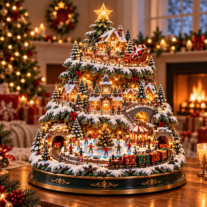 🎄 Lighted 3-Tier Christmas Village Tree – Magical Holiday Tabletop Decor