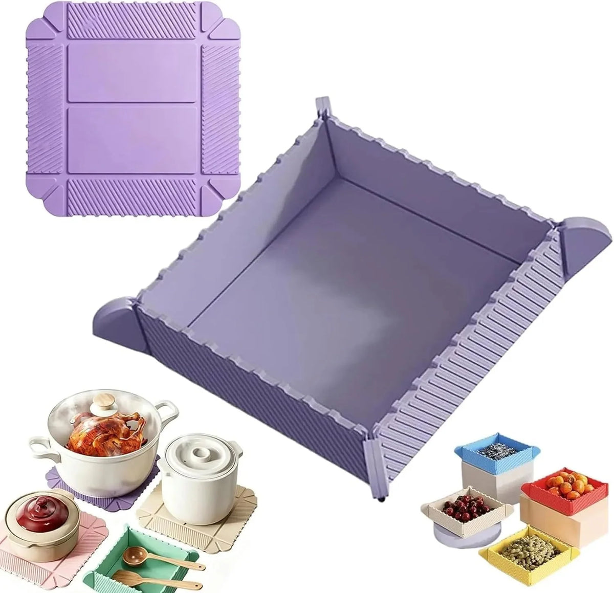 2 in 1 Foldable Magnetic Silicone Trivet & Serving Tray, Food Grade Heat Resistant Non-Slip Collapsible Mat for Kitchen, RV, Camping, Picnic