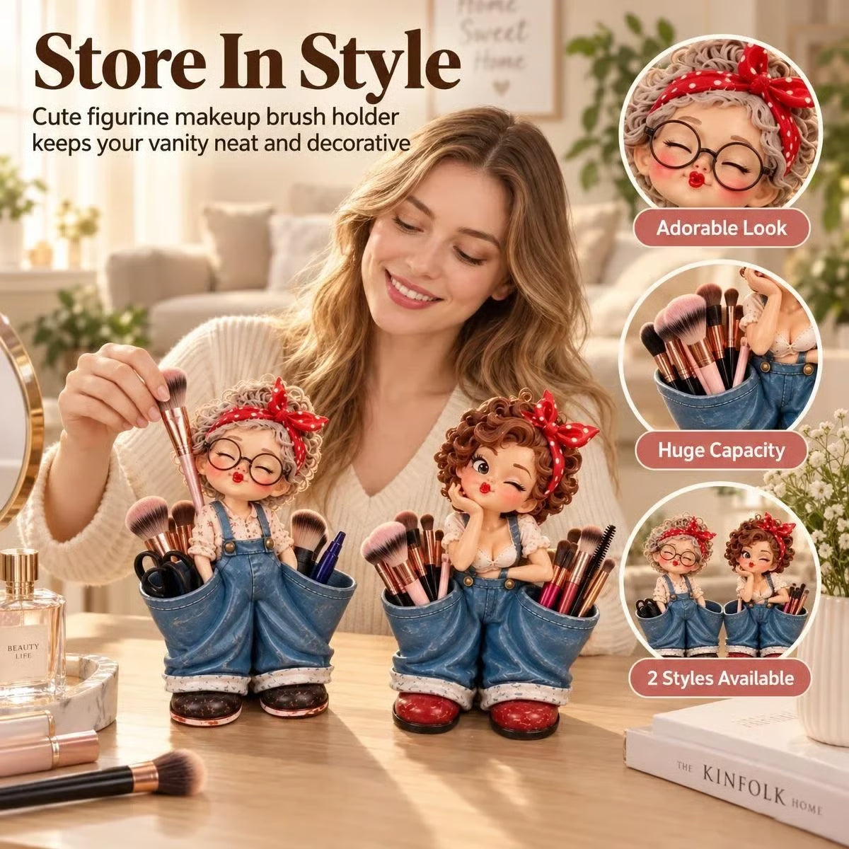 🎉Retro Girl Makeup Brush Holder – Cute Vintage Vanity Organizer