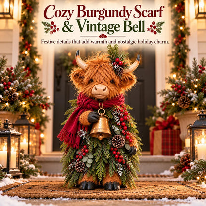 Christmas Highland Cow with Bell – Rustic Farmhouse Holiday Figurine with Evergreen Accents & Burgundy Scarf