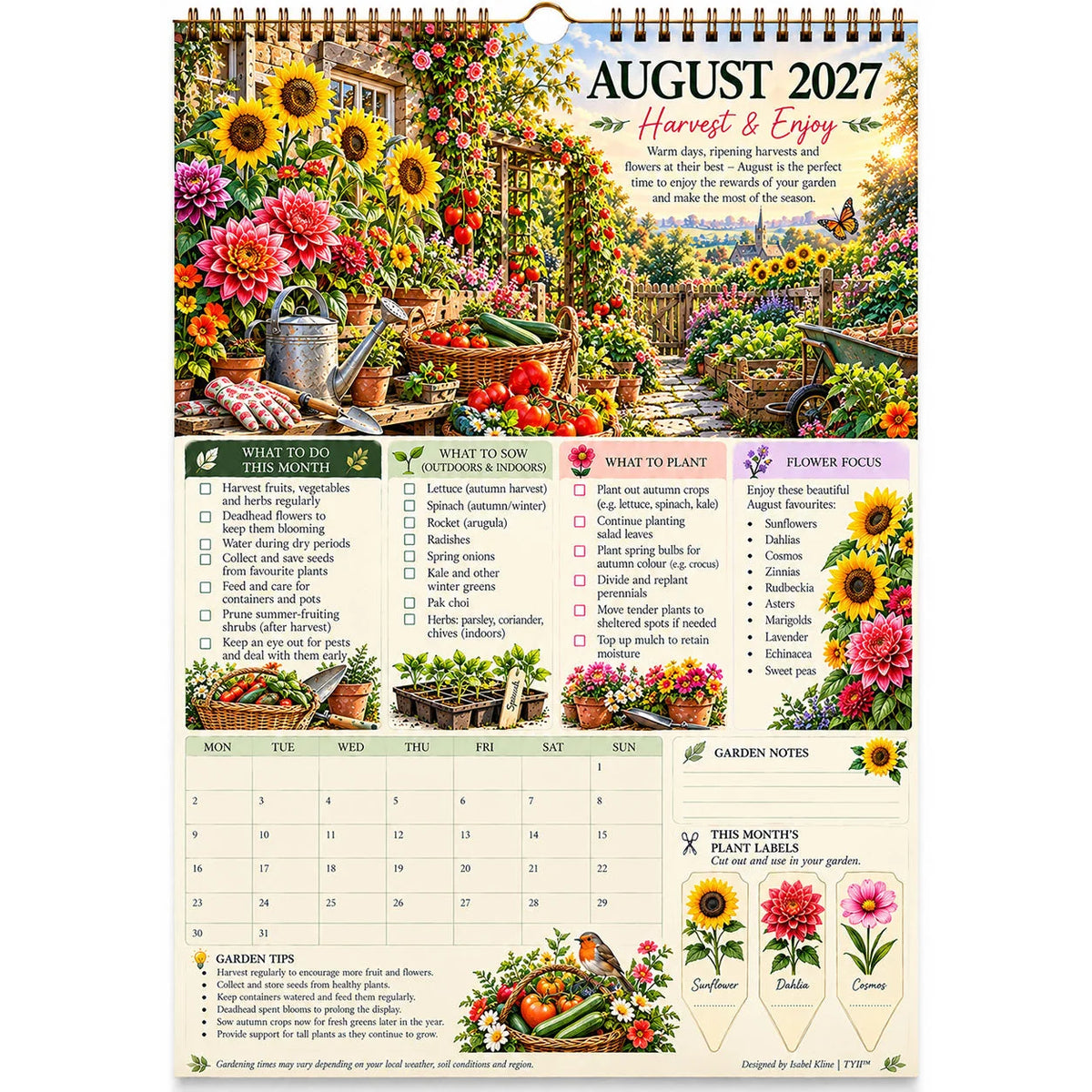 2027 Four Seasons Gardening Calendar & Monthly Planner – A4 Wall Calendar with Planting Guide, Garden Tasks & Plant Labels