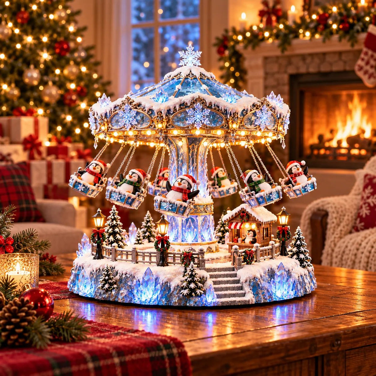 🐧 Penguin Winter Swing Carnival – Light-Up Rotating Christmas Village Decor