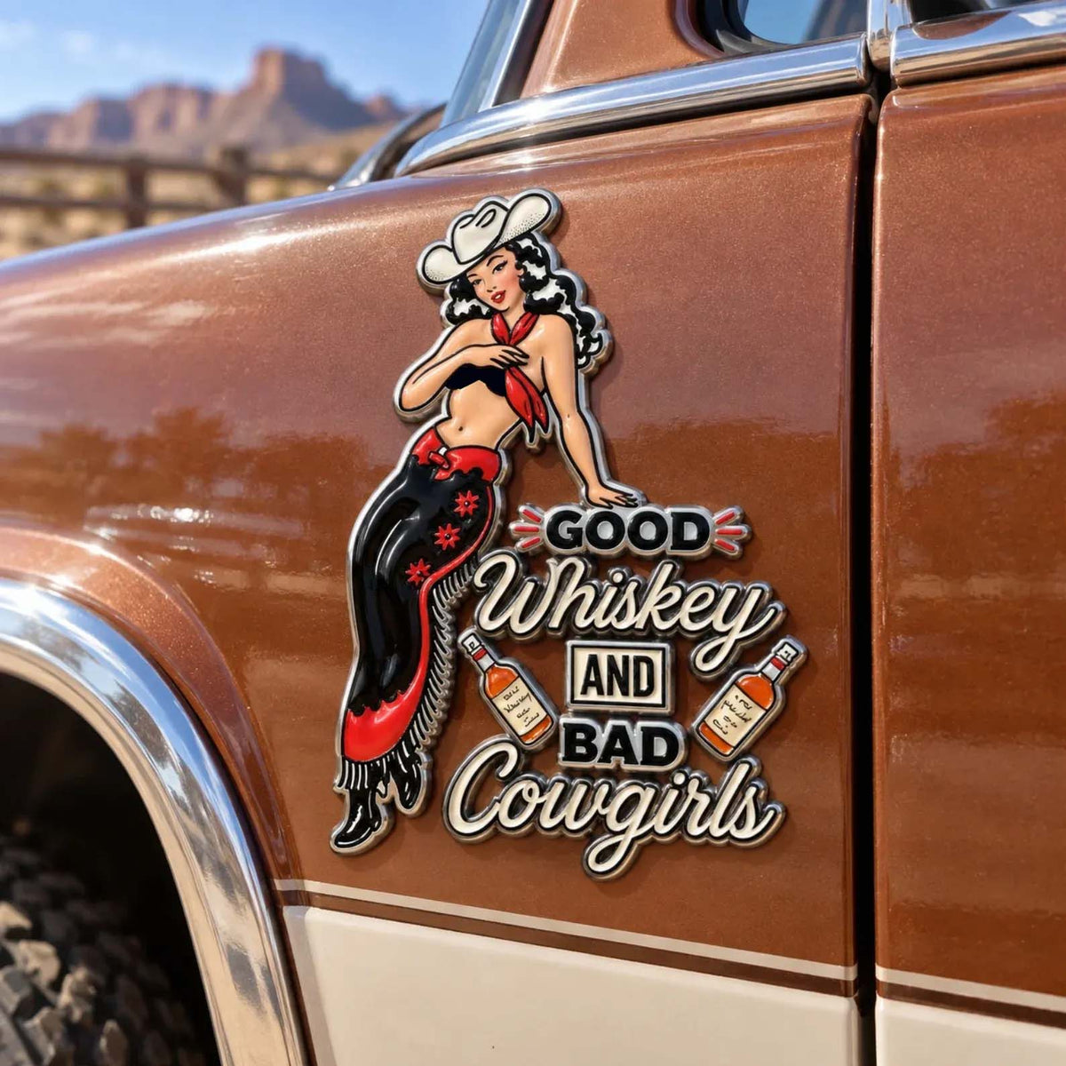 🤠🐎 “Good Whiskey and Bad Cowgirls” Vintage Western Cowgirl Metal Car Emblem