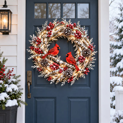 🔥 LAST DAY 49% OFF | Snowy Birch Cardinal Wreath – Lighted Christmas Door Decor ❤️