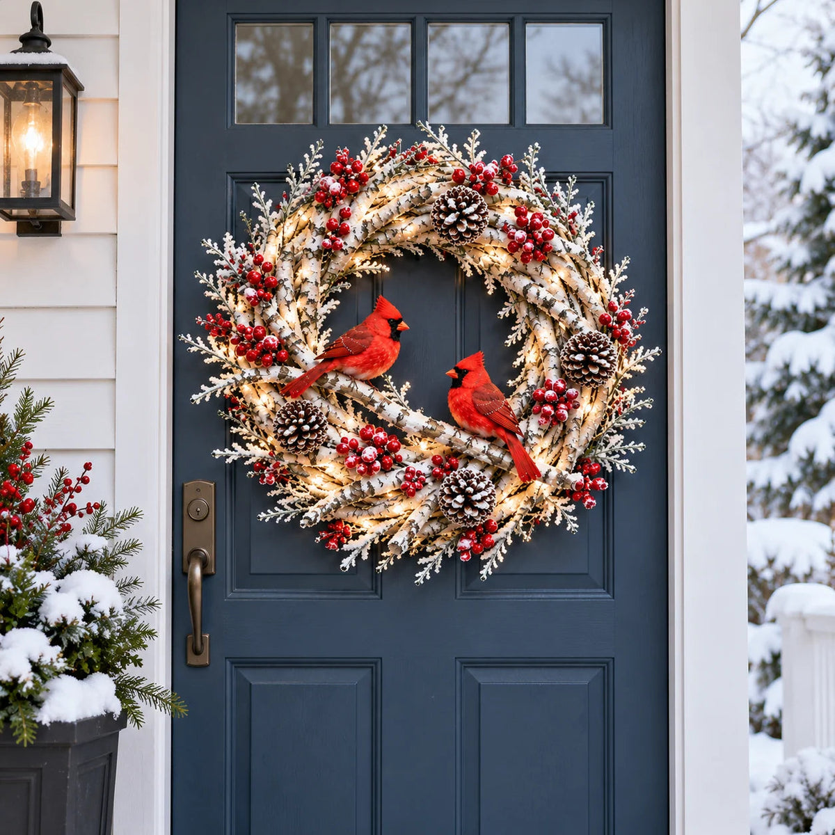 🌟🔥 Snowy Birch Cardinal Wreath™ – Lighted Christmas Door Wreath with Paired Red Cardinals, Berries & Pinecones ❤️🎄✨