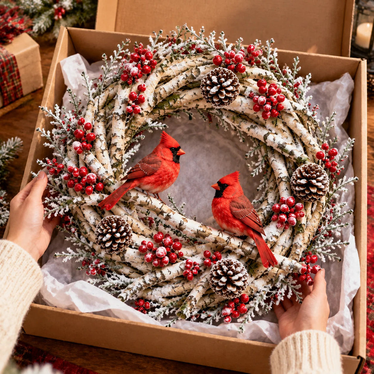 🌟🔥 Snowy Birch Cardinal Wreath™ – Lighted Christmas Door Wreath with Paired Red Cardinals, Berries & Pinecones ❤️🎄✨