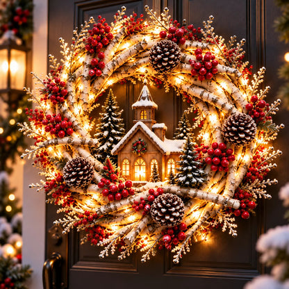 🌟🔥 Snowy Birch Cardinal Wreath™ – Lighted Christmas Door Wreath with Paired Red Cardinals, Berries & Pinecones ❤️🎄✨