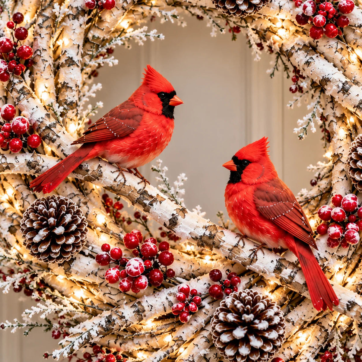 🌟🔥 Snowy Birch Cardinal Wreath™ – Lighted Christmas Door Wreath with Paired Red Cardinals, Berries & Pinecones ❤️🎄✨