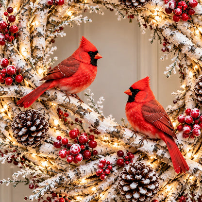 🌟🔥 Snowy Birch Cardinal Wreath™ – Lighted Christmas Door Wreath with Paired Red Cardinals, Berries & Pinecones ❤️🎄✨