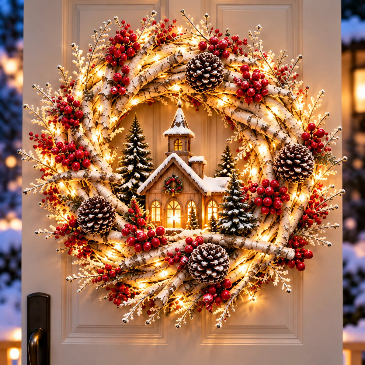 🔥 LAST DAY 49% OFF | Snowy Birch Cardinal Wreath – Lighted Christmas Door Decor ❤️