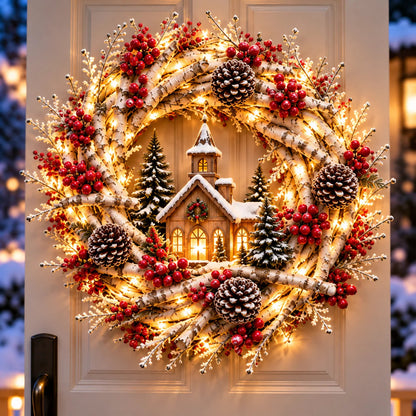 🌟🔥 Snowy Birch Cardinal Wreath™ – Lighted Christmas Door Wreath with Paired Red Cardinals, Berries & Pinecones ❤️🎄✨