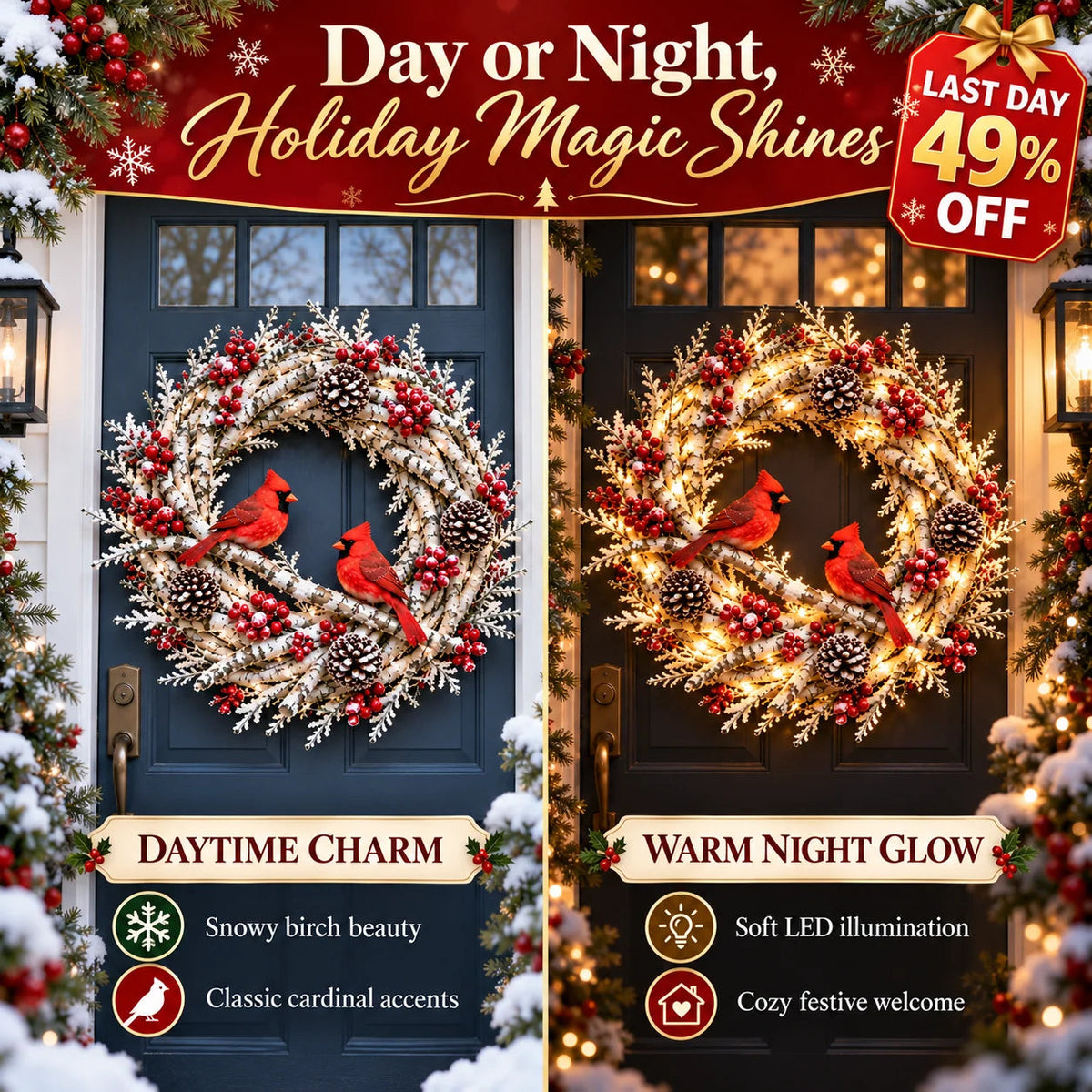 🌟🔥 Snowy Birch Cardinal Wreath™ – Lighted Christmas Door Wreath with Paired Red Cardinals, Berries & Pinecones ❤️🎄✨