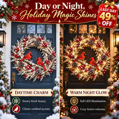 🌟🔥 Snowy Birch Cardinal Wreath™ – Lighted Christmas Door Wreath with Paired Red Cardinals, Berries & Pinecones ❤️🎄✨