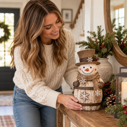 ⛄ Farmhouse Frosty | Whitewashed Barrel Snowman Decor