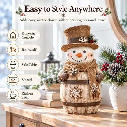 ⛄ Farmhouse Frosty | Whitewashed Barrel Snowman Decor