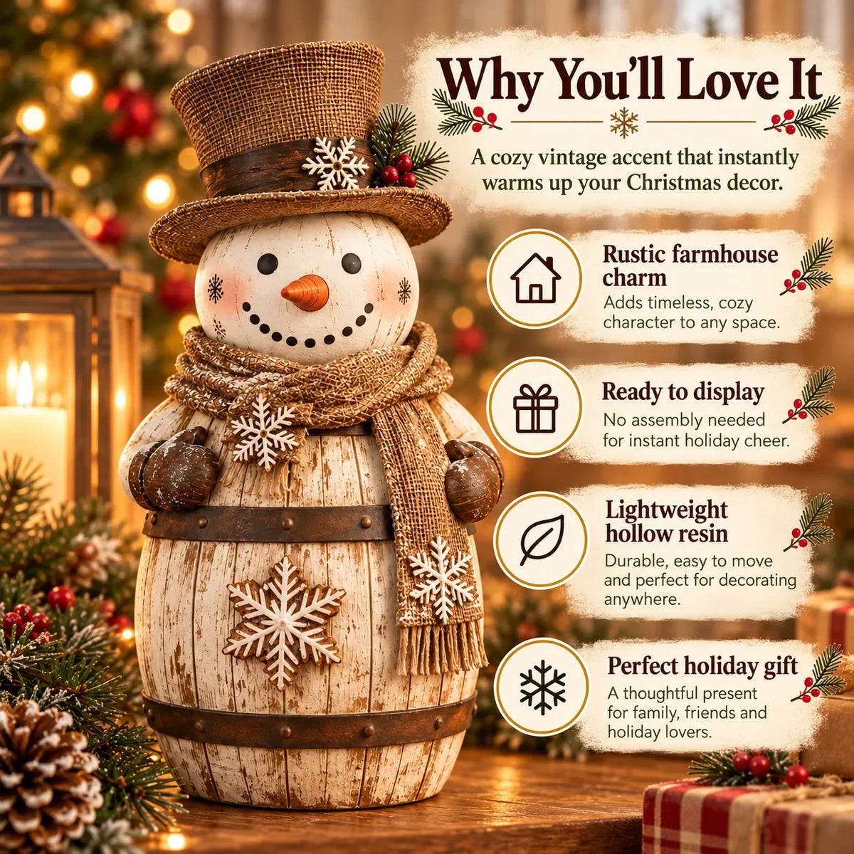 ⛄ Farmhouse Frosty | Whitewashed Barrel Snowman Decor