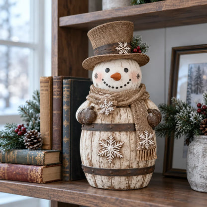 ⛄ Farmhouse Frosty | Whitewashed Barrel Snowman Decor