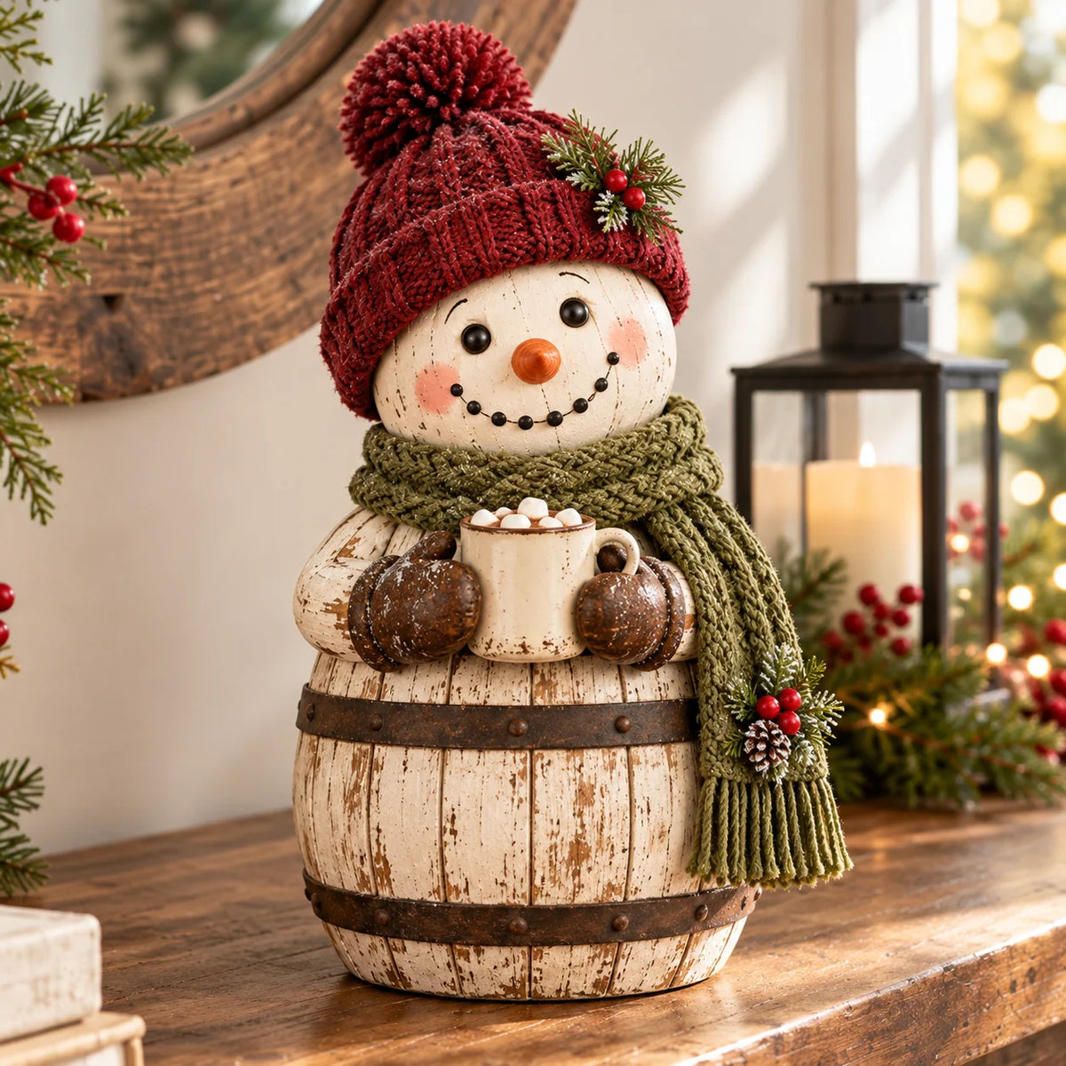 ⛄ Farmhouse Frosty | Whitewashed Barrel Snowman Decor