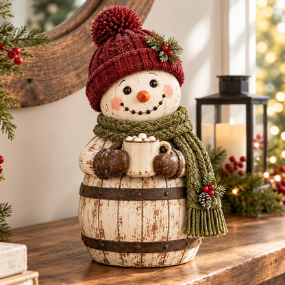 ⛄ Farmhouse Frosty | Whitewashed Barrel Snowman Decor
