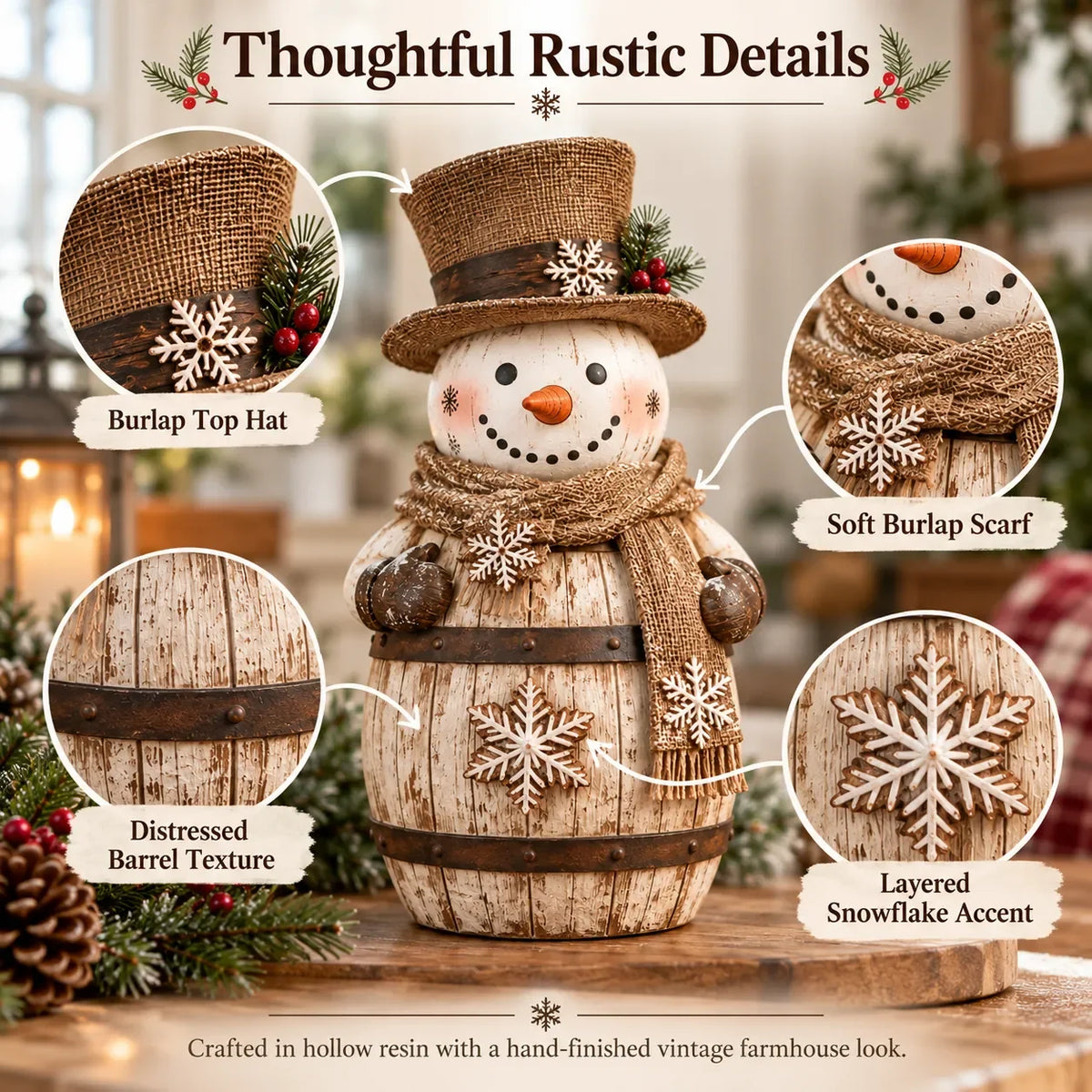 ⛄ Farmhouse Frosty | Whitewashed Barrel Snowman Decor