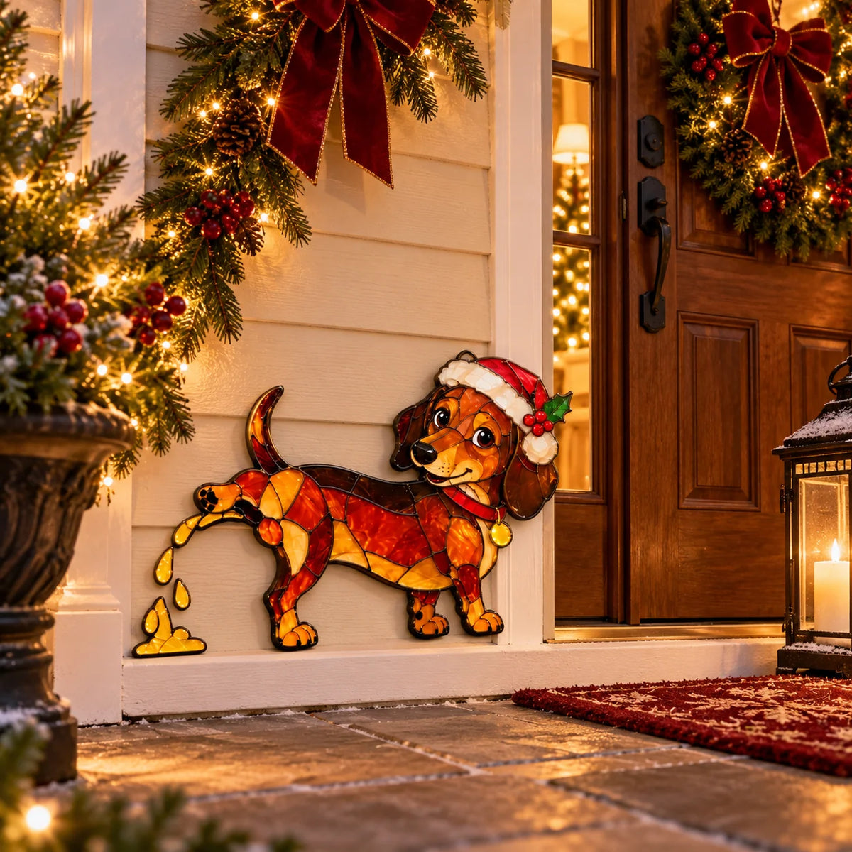 Funny Peeing Dachshund Christmas Decoration – Stained Glass-Style Sausage Dog Yard Art & Baseboard Decor