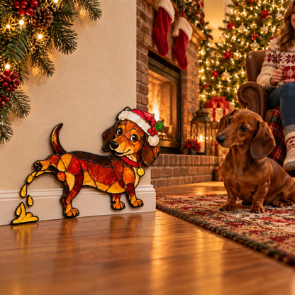 Funny Peeing Dachshund Christmas Decoration – Stained Glass-Style Sausage Dog Yard Art & Baseboard Decor