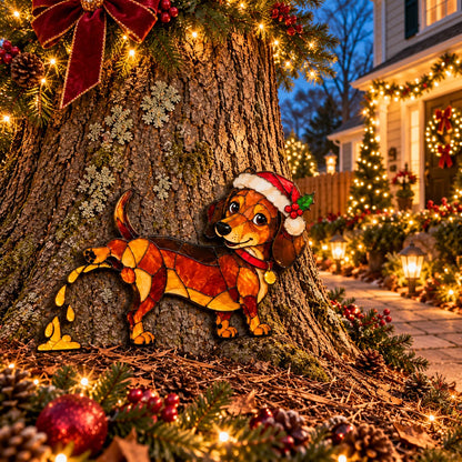 Funny Peeing Dachshund Christmas Decoration – Stained Glass-Style Sausage Dog Yard Art & Baseboard Decor