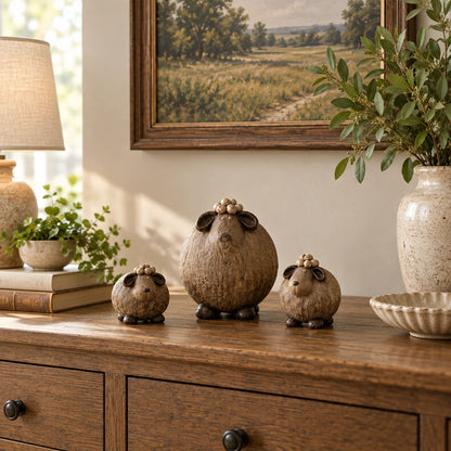 🐏 Little Woolly Family – Whimsical Rustic Sheep Figurines, Set of 3