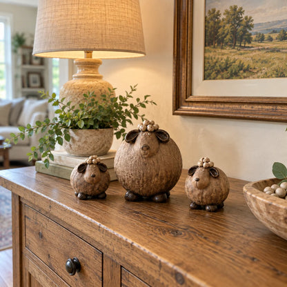 🐏 Little Woolly Family – Whimsical Rustic Sheep Figurines, Set of 3
