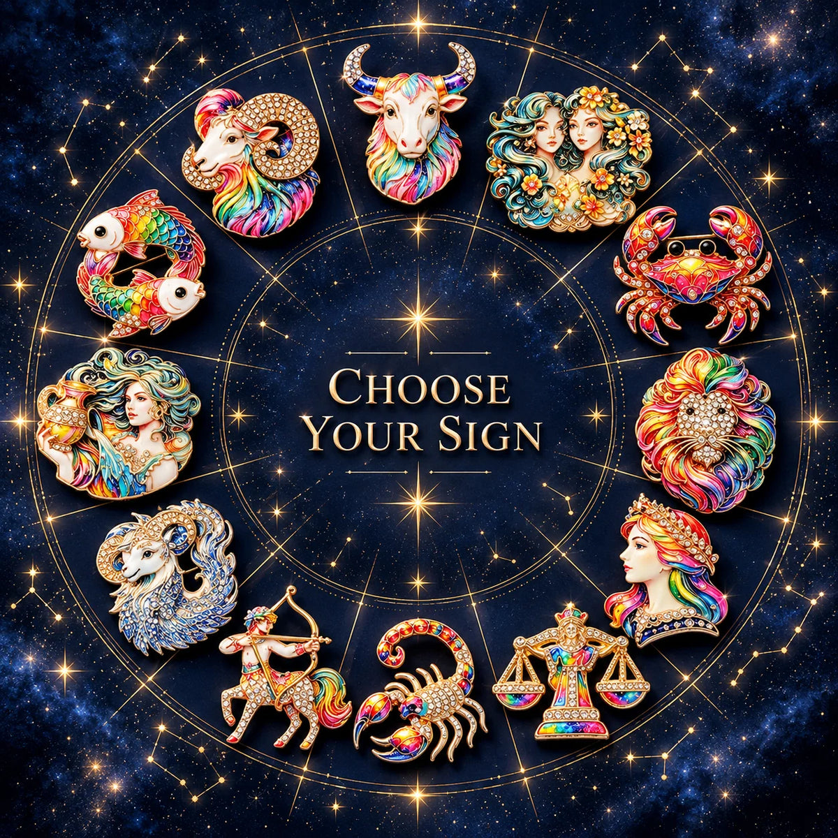 Luxury Zodiac Enamel Brooch – Choose Your Sign