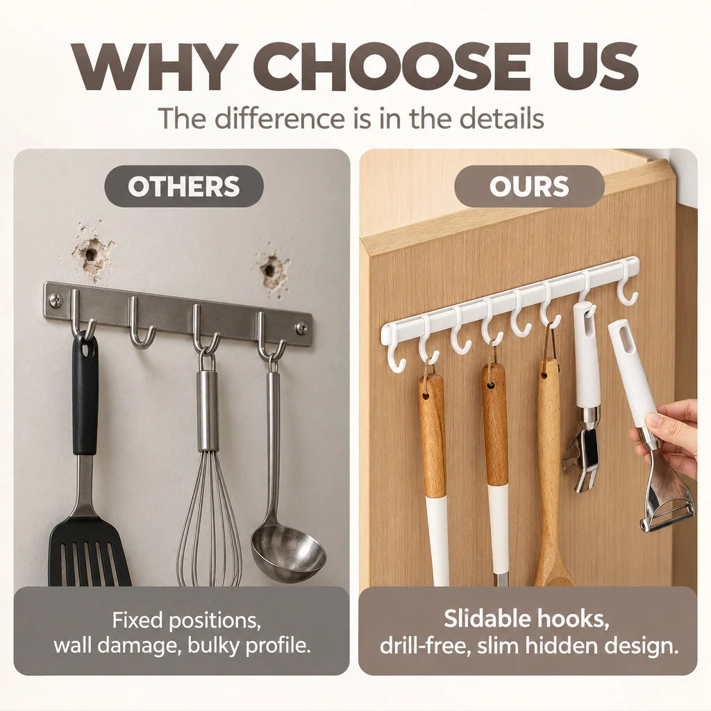 Multi-Functional Drill-Free Cabinet Door Hook Rail