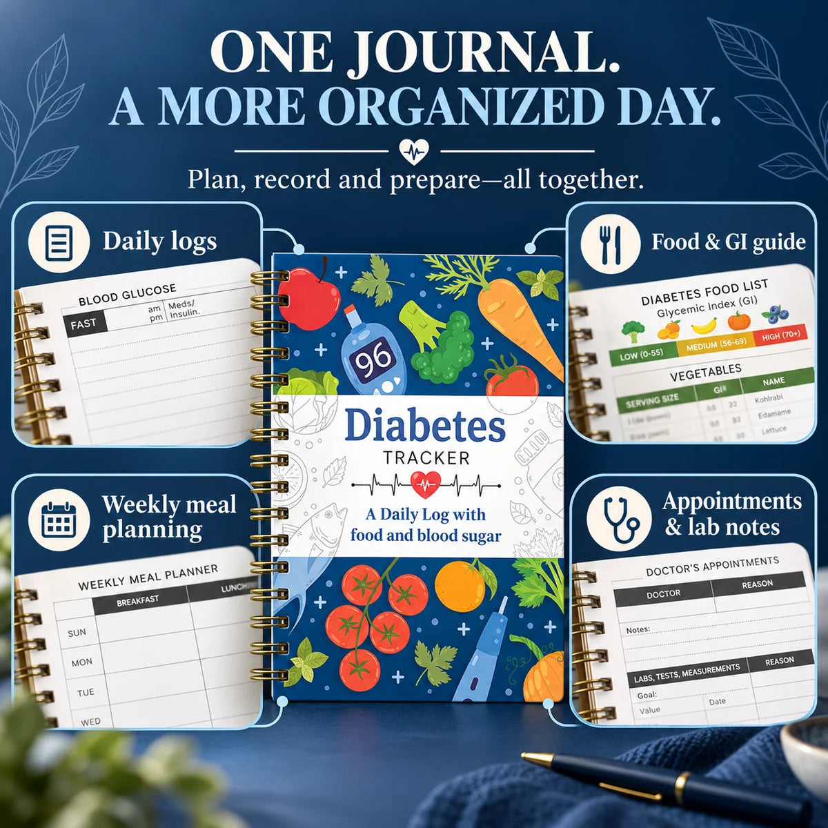 📘 Diabetes Tracker Book with Food Guide & Meal Planner ✨
