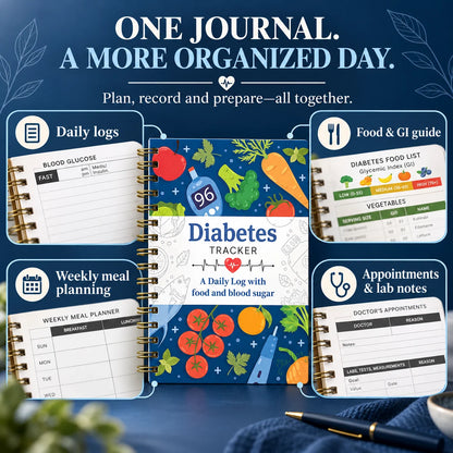 📘 Diabetes Tracker Book with Food Guide & Meal Planner ✨