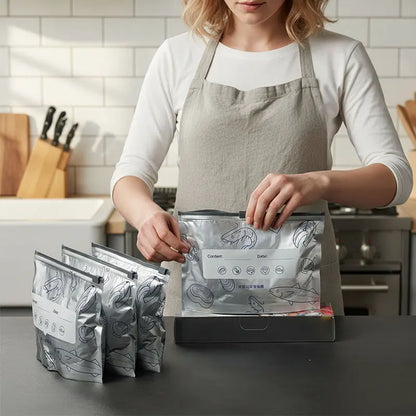 Stand-Up Foil Food Storage Bags ✨ – Reusable Sealable Design with Labels