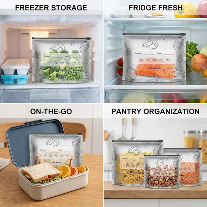 Stand-Up Foil Food Storage Bags ✨ – Reusable Sealable Design with Labels