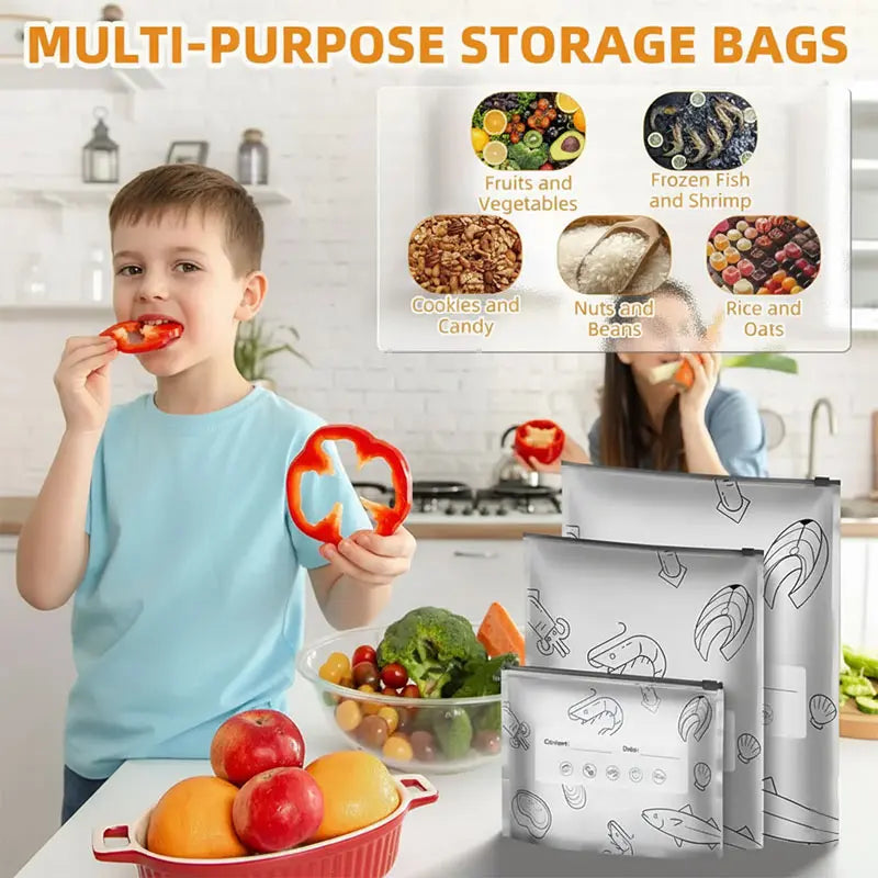 Stand-Up Foil Food Storage Bags ✨ – Reusable Sealable Design with Labels