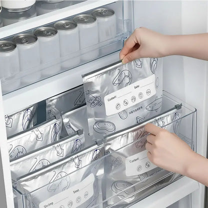 Stand-Up Foil Food Storage Bags ✨ – Reusable Sealable Design with Labels