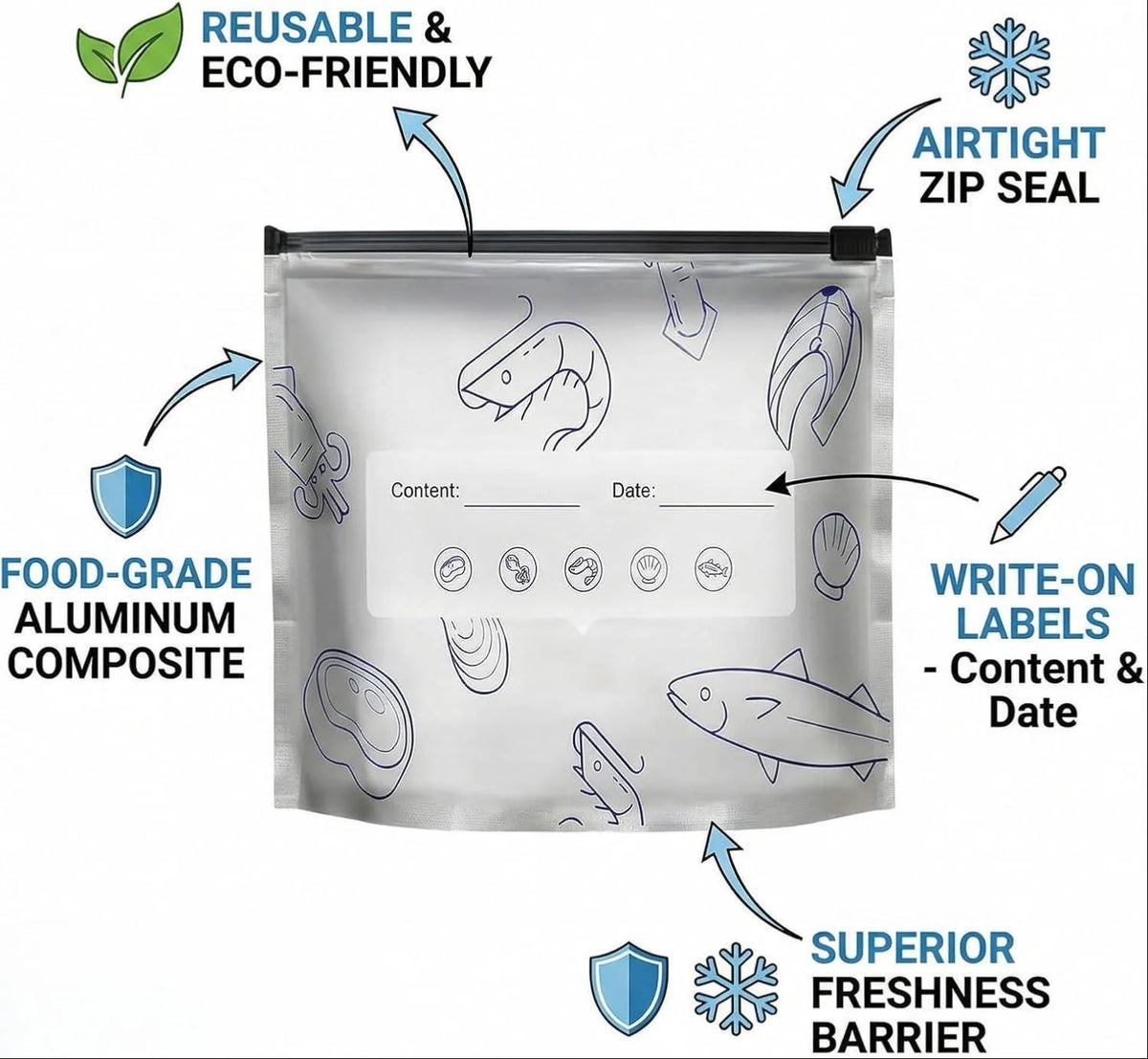 Stand-Up Foil Food Storage Bags ✨ – Reusable Sealable Design with Labels
