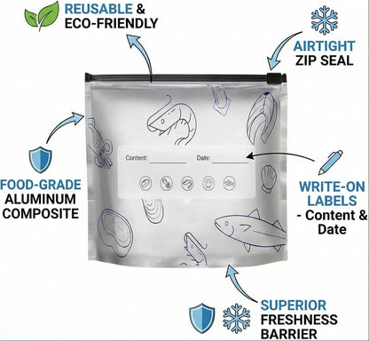 Stand-Up Foil Food Storage Bags ✨ – Reusable Sealable Design with Labels