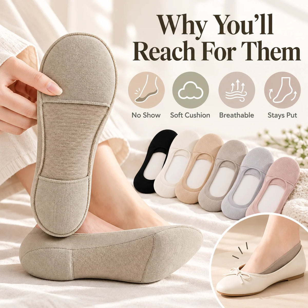 Women's Cushioned No-Show Socks – Comfortable Fit for Flats