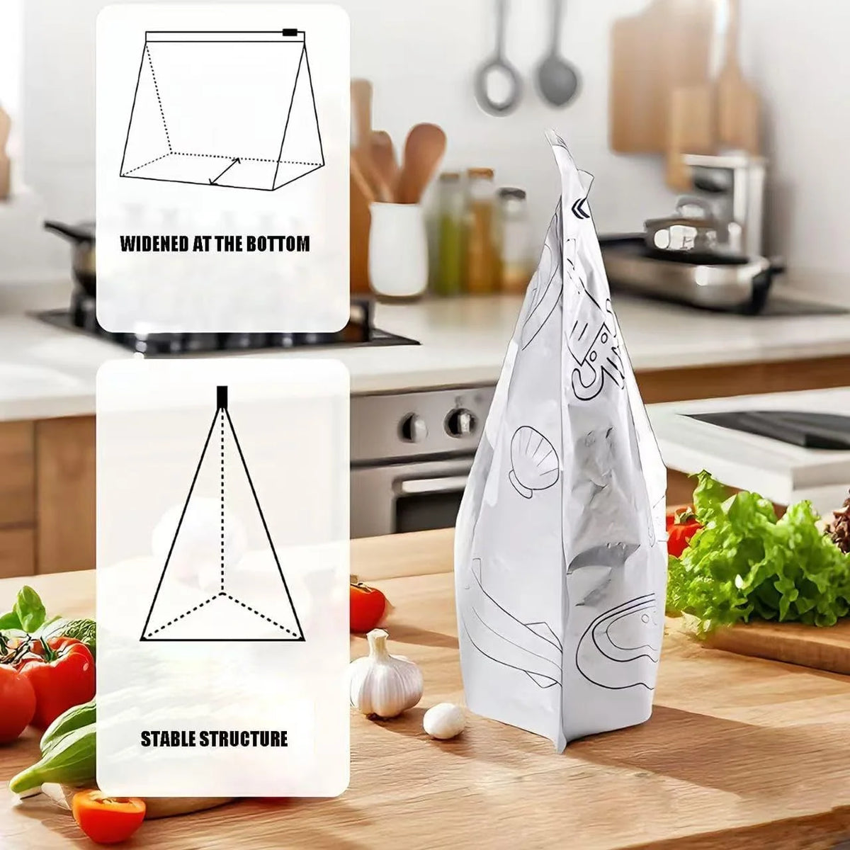 Stand-Up Foil Food Storage Bags ✨ – Reusable Sealable Design with Labels