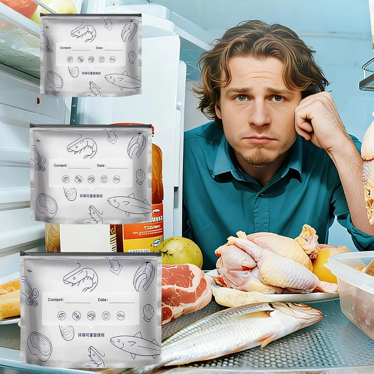 Stand-Up Foil Food Storage Bags ✨ – Reusable Sealable Design with Labels