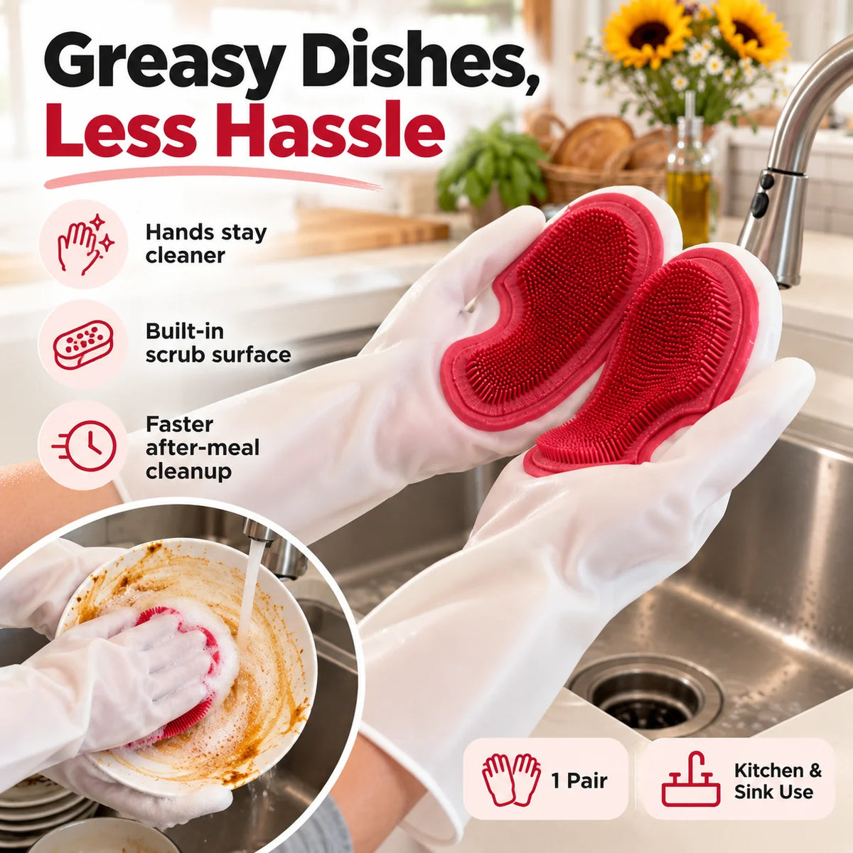 🧤 Silicone Scrubber Dishwashing Gloves – Built-In Cleaning Brush