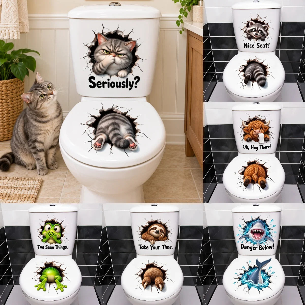 😂 Bathroom Buddies – Funny 3D Illusion Toilet Sticker Set | Removable 3D Illusion Stickers for Funny Bathroom Decor & Gag Gifts 🦝
