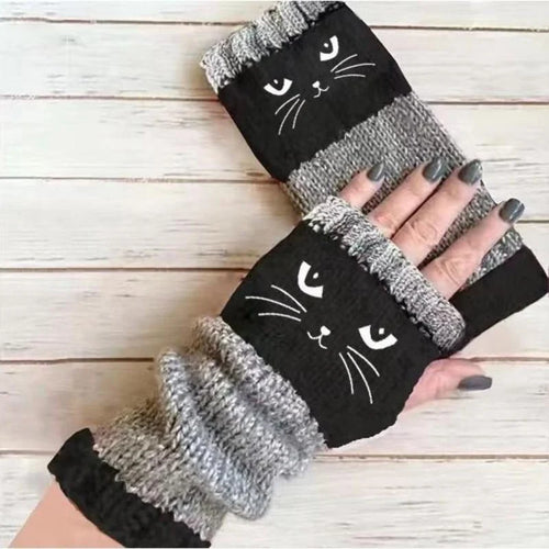 Cozy Cat Embroidered Fingerless Gloves 🐱 – Cute Winter Knitwear