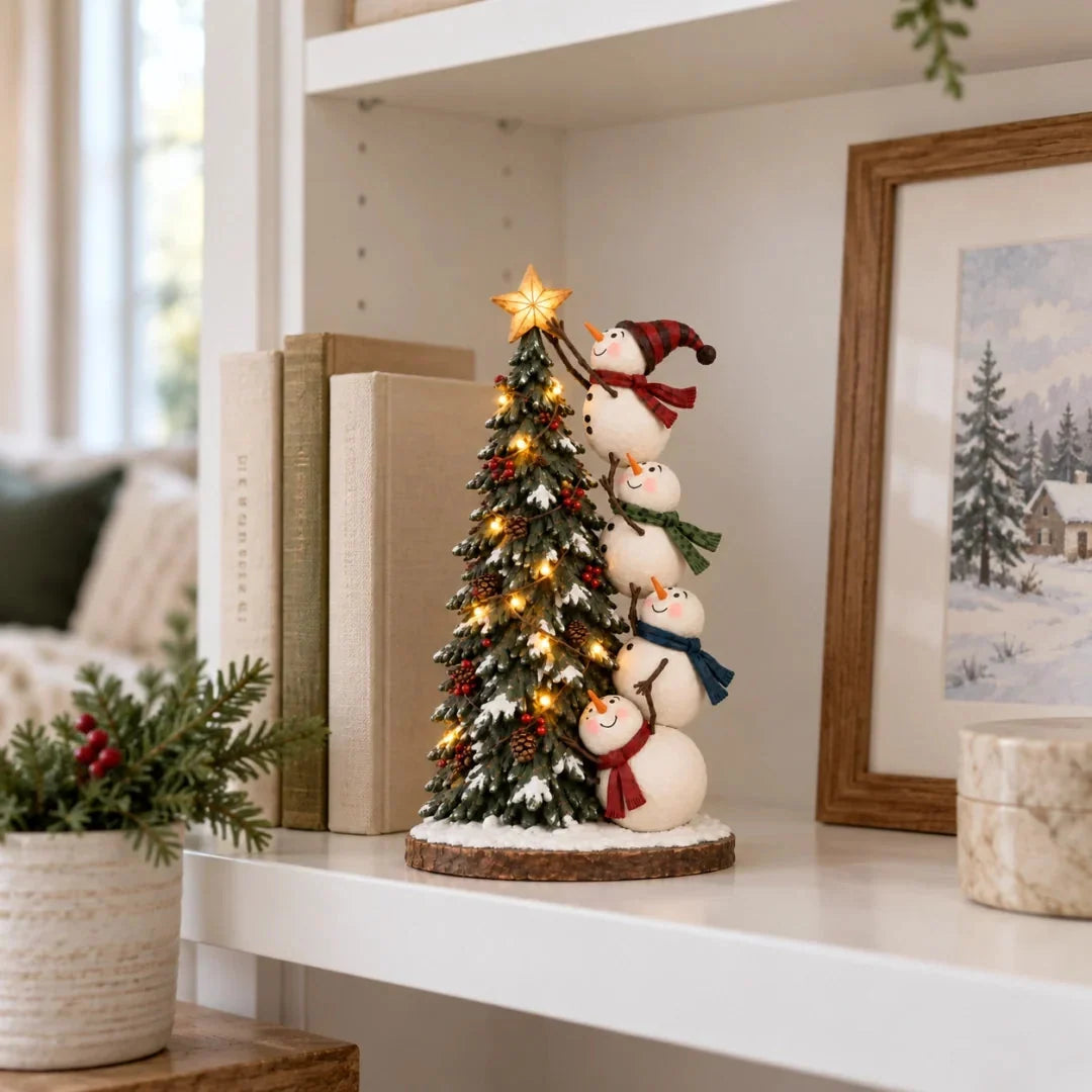 ⛄Snowmen Topping the Christmas Tree – Lighted Christmas Figurine