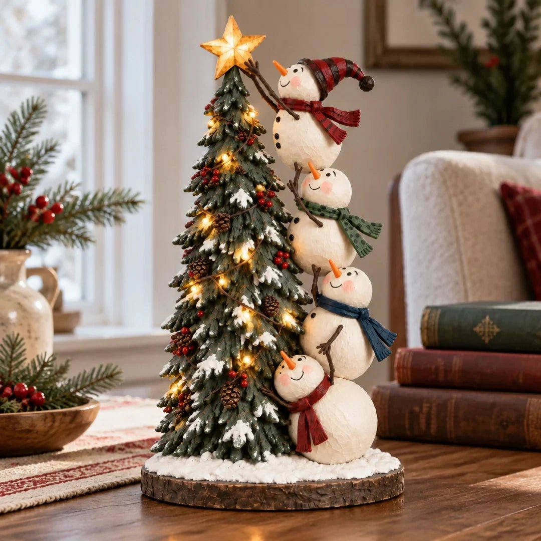 ⛄Snowmen Topping the Christmas Tree – Lighted Christmas Figurine