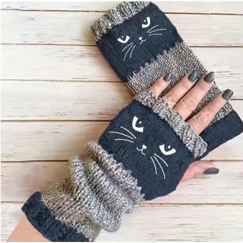 Cozy Cat Embroidered Fingerless Gloves 🐱 – Cute Winter Knitwear