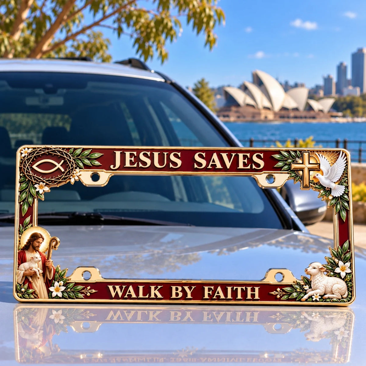 🐑🕊️ “Jesus Saves – Walk by Faith” Jesus Commemorative Metal License Plate Frame